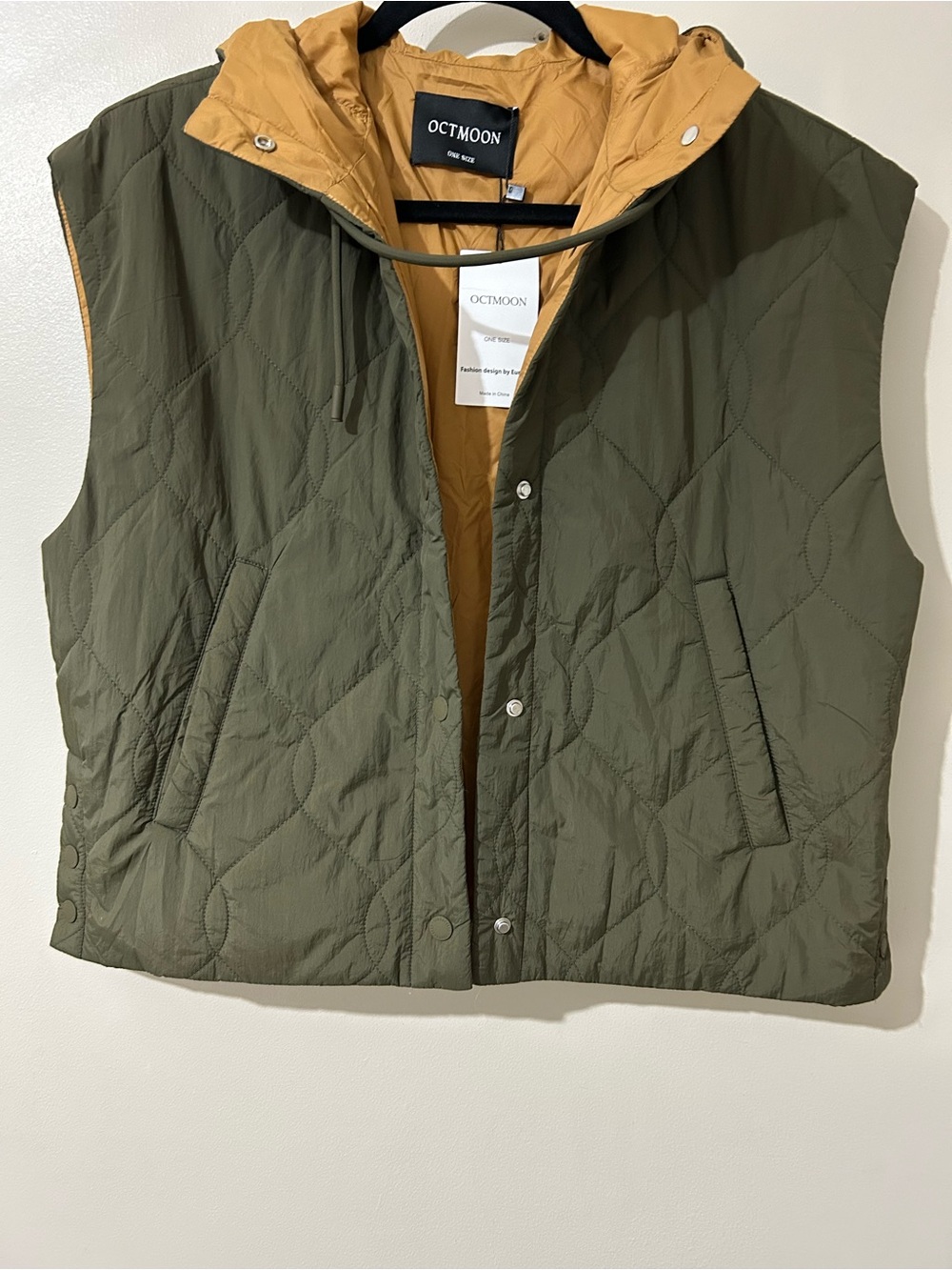 Reversible Quilted Hooded Vest in Olive with Mustard Lining